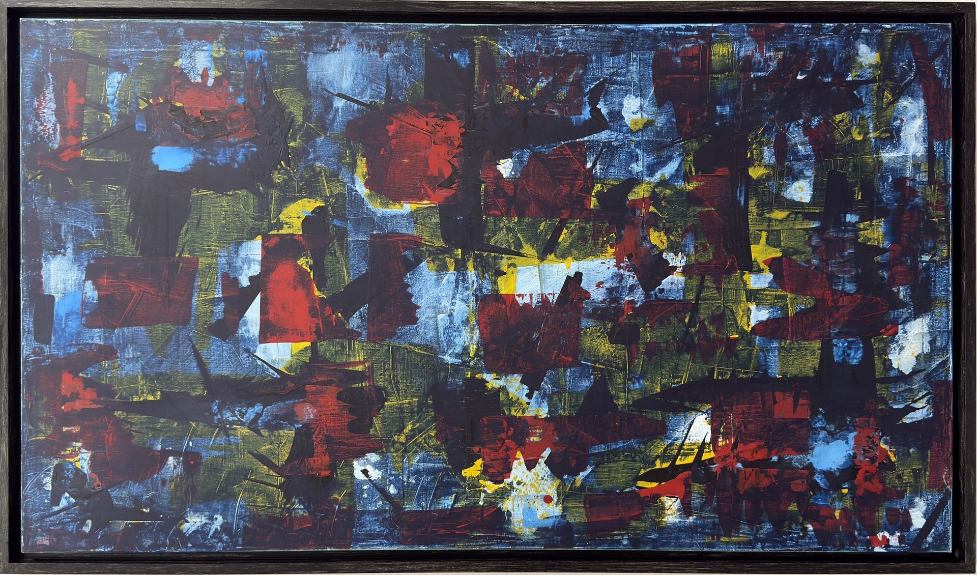 Abstract painting in blue, red and gold, black frame