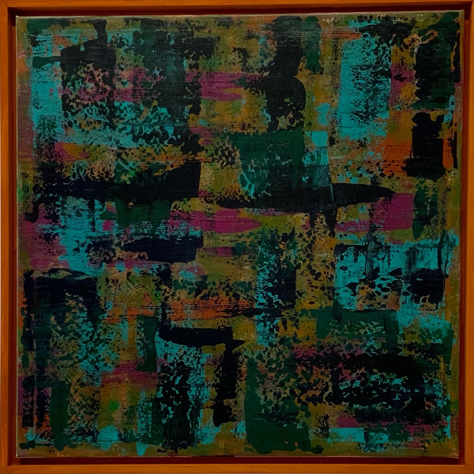 Abstract painting in teal, green and magenta, wood frame