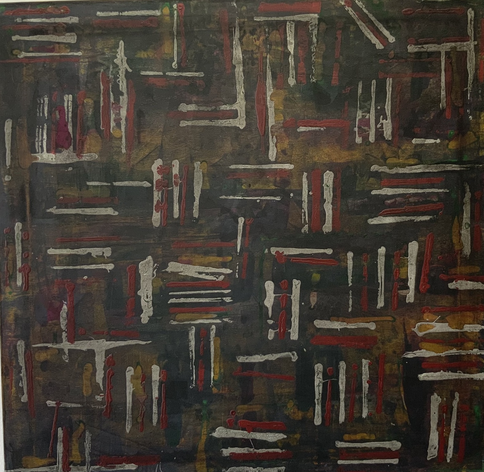Abstract painting in dark tones with red and white brushstrokes
