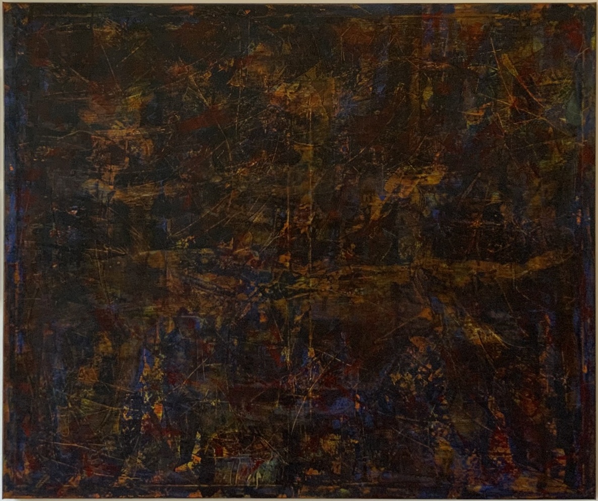 Abstract painting in deep blue and gold