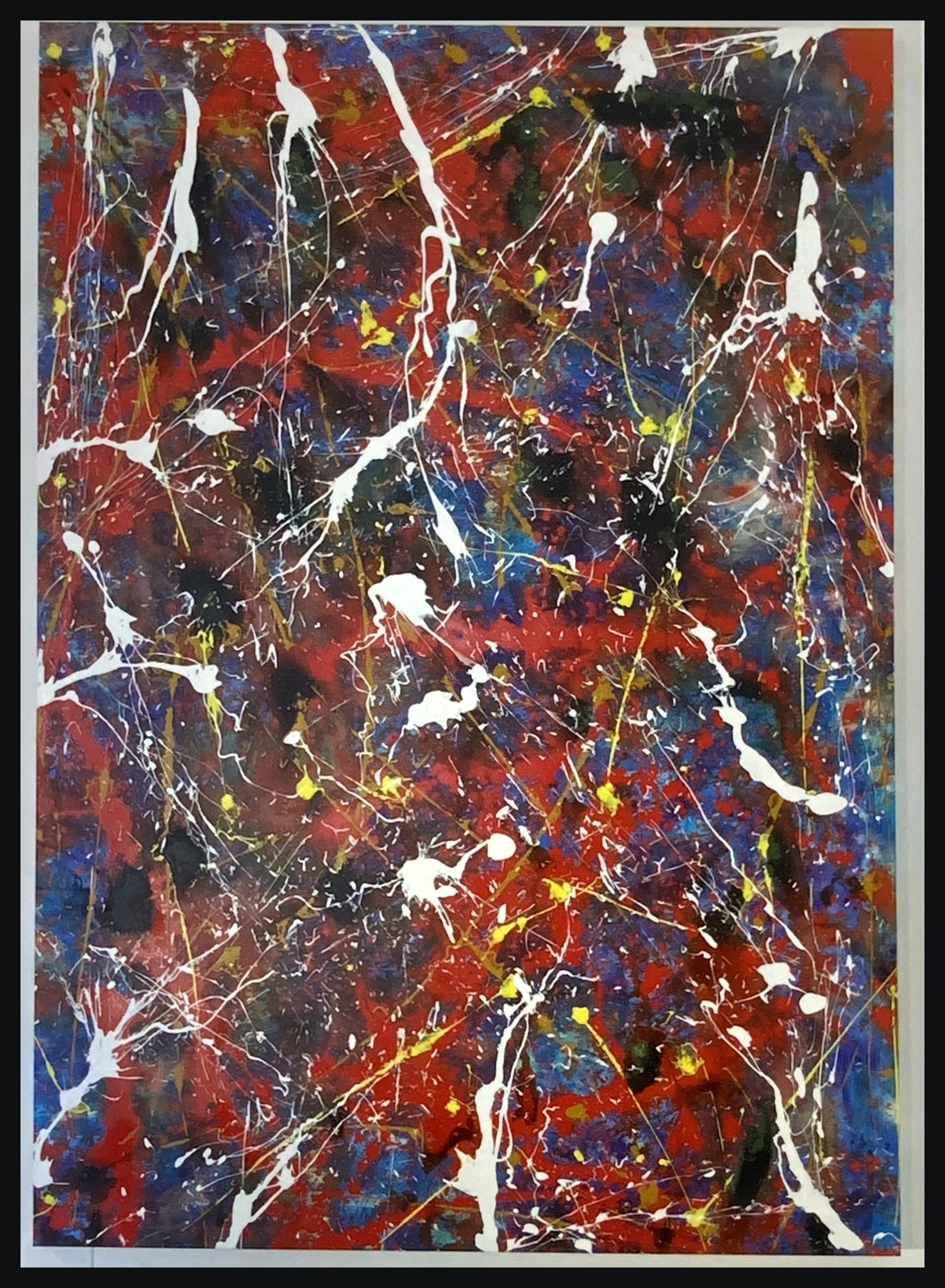 Abstract painting in red and blue with white drips